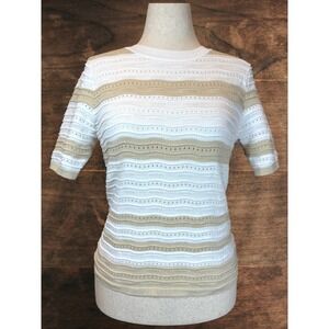 Nanette Lepore Pointelle Stripe Sweater Top Womens M Ivory Tan Knit Short Sleeve
